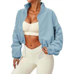 imageZando Womens Fleece Jacket Full Zip Cropped Jackets Oversize Long Sleeve Workout Fuzzy Sherpa Jacket Athletic Crop CoatBlue