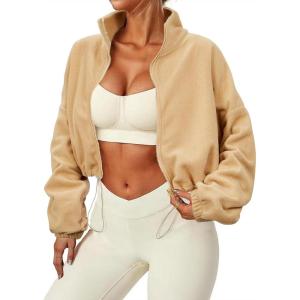 imageZando Womens Fleece Jacket Full Zip Cropped Jackets Oversize Long Sleeve Workout Fuzzy Sherpa Jacket Athletic Crop CoatCamel