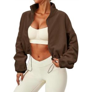 imageZando Womens Fleece Jacket Full Zip Cropped Jackets Oversize Long Sleeve Workout Fuzzy Sherpa Jacket Athletic Crop CoatCoffee