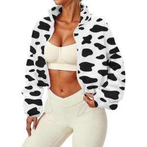 imageZando Womens Fleece Jacket Full Zip Cropped Jackets Oversize Long Sleeve Workout Fuzzy Sherpa Jacket Athletic Crop CoatCow Print