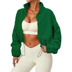 imageZando Womens Fleece Jacket Full Zip Cropped Jackets Oversize Long Sleeve Workout Fuzzy Sherpa Jacket Athletic Crop CoatGreen