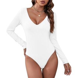 imageZando Womens Fringe One Shoulder Bodysuit Nashville Outfits Top Tank Sexy Bodysuits for Women Western Outfit Going OutB Deep V Neck White