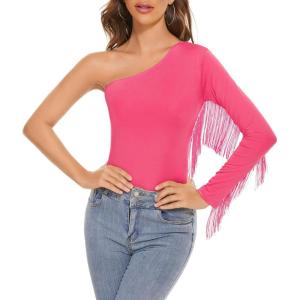 imageZando Womens Fringe One Shoulder Bodysuit Nashville Outfits Top Tank Sexy Bodysuits for Women Western Outfit Going OutPink