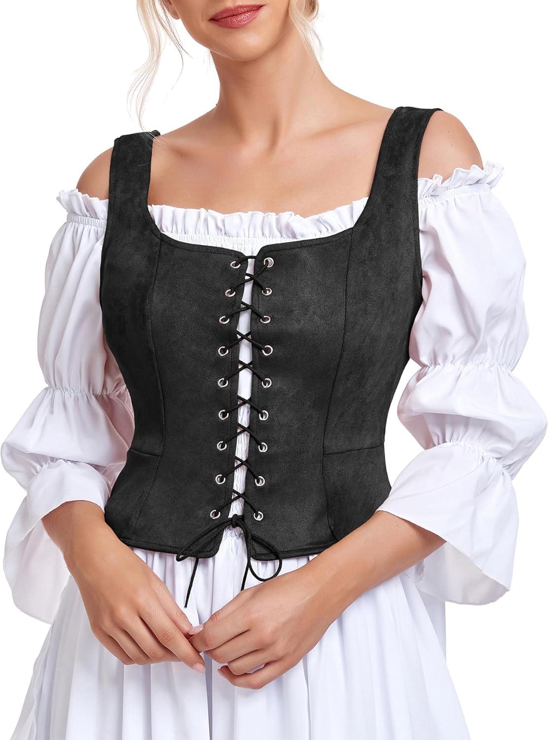 imageZando Renaissance Costume Women Pirate Medieval Viking Corsets Top Vintage Costume Steampunk Gothic Tank TopBlack
