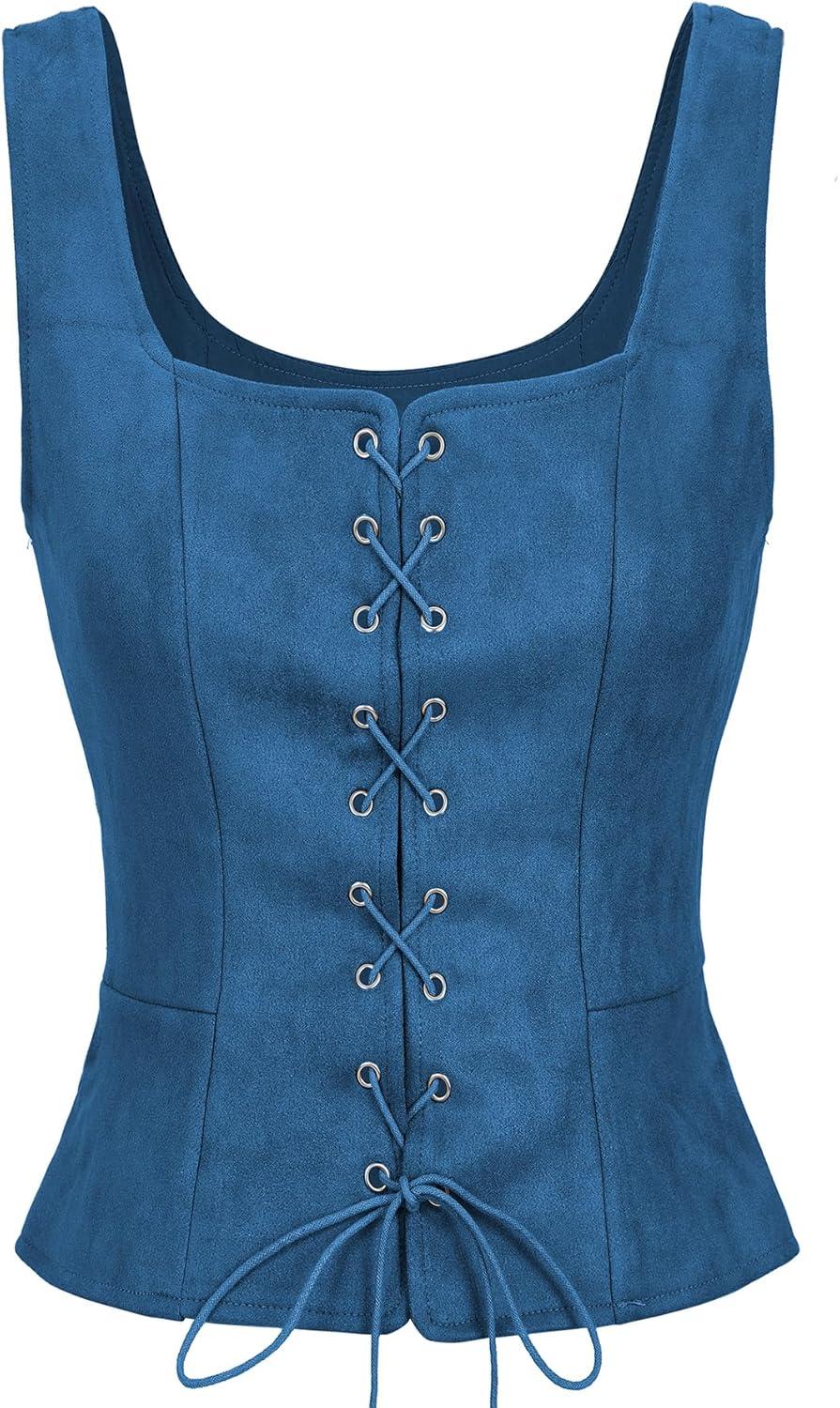 imageZando Renaissance Costume Women Pirate Medieval Viking Corsets Top Vintage Costume Steampunk Gothic Tank TopBlue