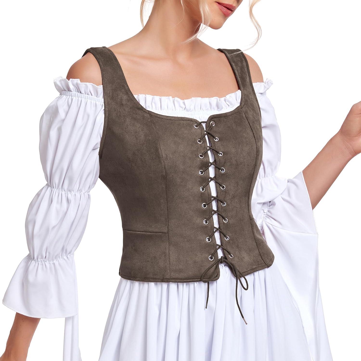 imageZando Renaissance Costume Women Pirate Medieval Viking Corsets Top Vintage Costume Steampunk Gothic Tank TopCoffee
