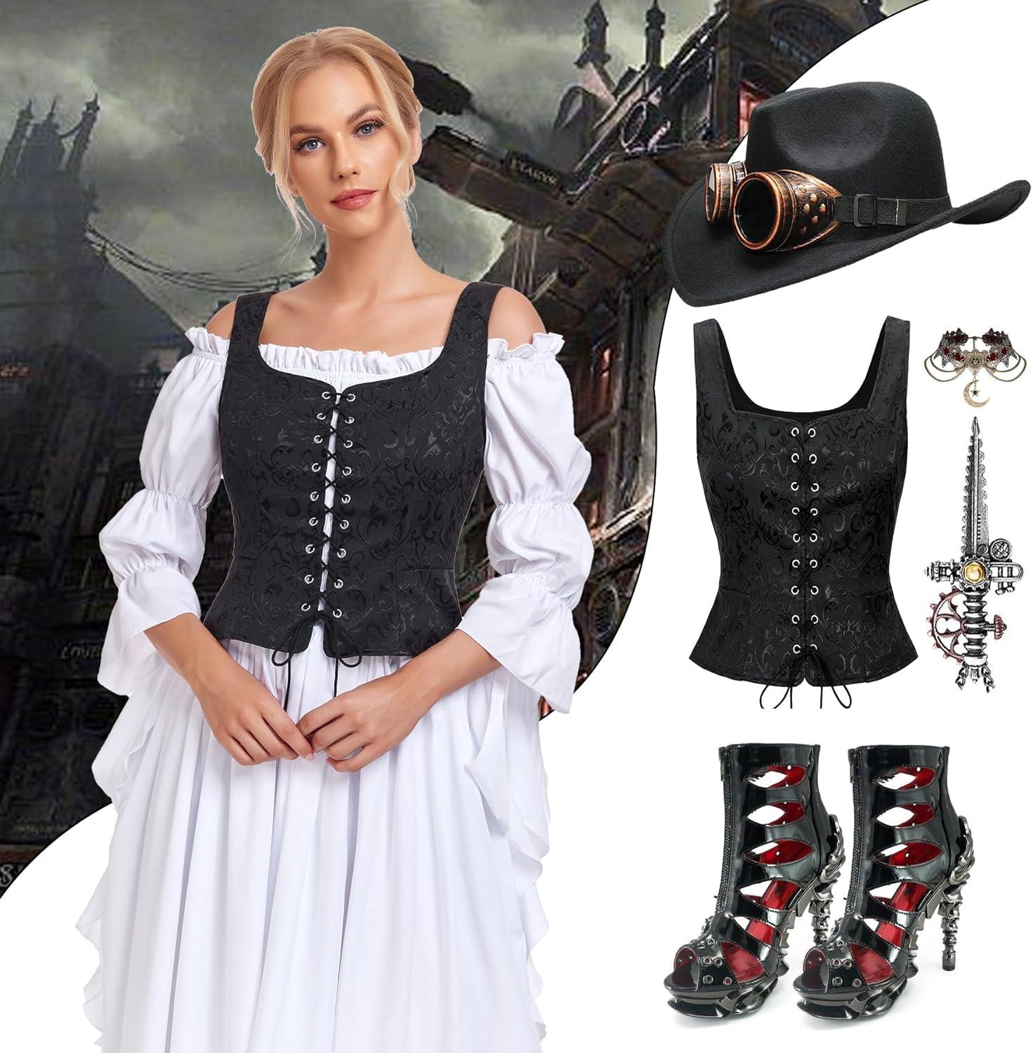 imageZando Renaissance Costume Women Pirate Medieval Viking Corsets Top Vintage Costume Steampunk Gothic Tank TopJacquard Black
