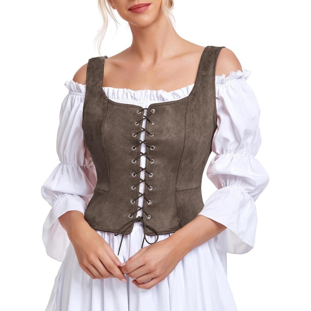 imageZando Renaissance Costume Women Pirate Medieval Viking Corsets Top Vintage Costume Steampunk Gothic Tank TopCoffee