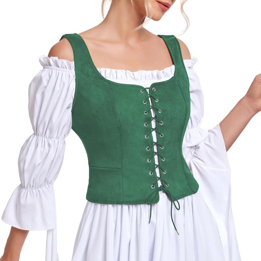 imageZando Renaissance Costume Women Pirate Medieval Viking Corsets Top Vintage Costume Steampunk Gothic Tank TopGreen
