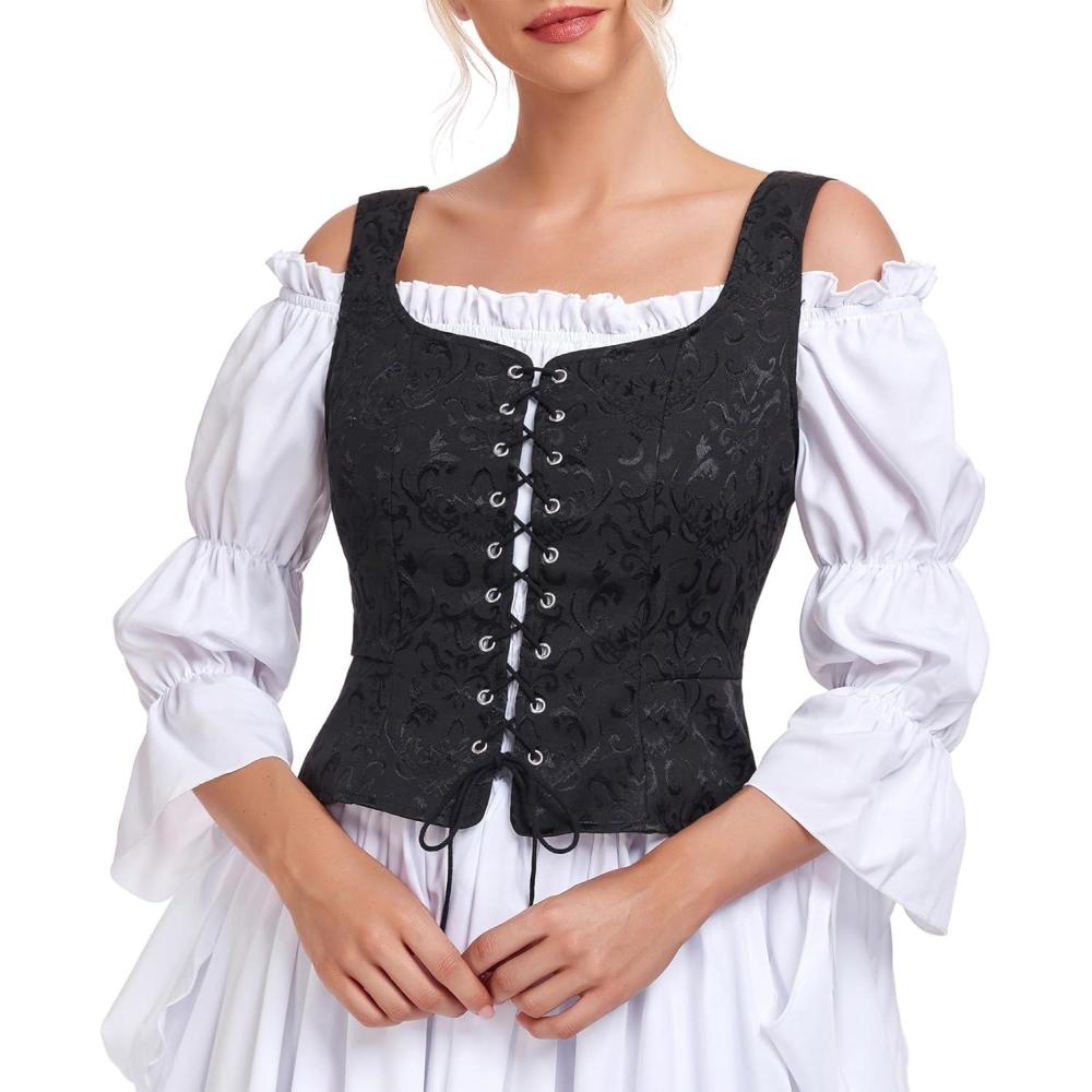 imageZando Renaissance Costume Women Pirate Medieval Viking Corsets Top Vintage Costume Steampunk Gothic Tank TopJacquard Black