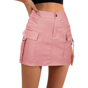 imageZando High Waisted Cargo Mini Skirt Y2K Bodycon Denim Mini Skirt Y2K Jean Skirt with Pockets Y2K Button Cargo SkirtB Pink
