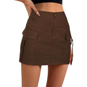 imageZando High Waisted Cargo Mini Skirt Y2K Bodycon Denim Mini Skirt Y2K Jean Skirt with Pockets Y2K Button Cargo SkirtD Brown