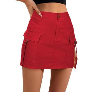 imageZando High Waisted Cargo Mini Skirt Y2K Bodycon Denim Mini Skirt Y2K Jean Skirt with Pockets Y2K Button Cargo SkirtF Red