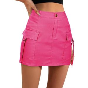 imageZando High Waisted Cargo Mini Skirt Y2K Bodycon Denim Mini Skirt Y2K Jean Skirt with Pockets Y2K Button Cargo SkirtHot Pink