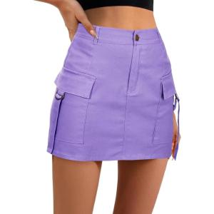 imageZando High Waisted Cargo Mini Skirt Y2K Bodycon Denim Mini Skirt Y2K Jean Skirt with Pockets Y2K Button Cargo SkirtPurple