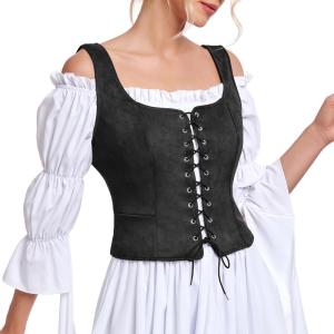 imageZando Renaissance Costume Women Pirate Medieval Viking Corsets Top Vintage Costume Steampunk Gothic Tank TopBlack