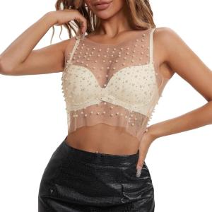 imageZando Women Pearl Top Rhinestone See Through Sleeveless Mesh Beaded Shirts Top See Through Blouse Top1 Nude