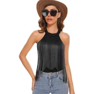 imageZando Womens Fringe Top Bodysuit Sleeveless Top for Women Country Concert Outfit Nashville Cowgirl OutfitBlack