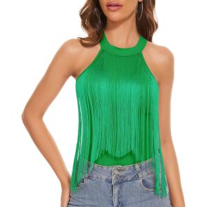imageZando Womens Fringe Top Bodysuit Sleeveless Top for Women Country Concert Outfit Nashville Cowgirl OutfitGreen