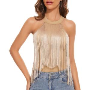 imageZando Womens Fringe Top Bodysuit Sleeveless Top for Women Country Concert Outfit Nashville Cowgirl OutfitNude