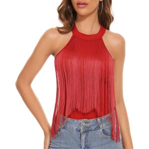 imageZando Womens Fringe Top Bodysuit Sleeveless Top for Women Country Concert Outfit Nashville Cowgirl OutfitRed