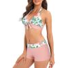 imageZando Womens Two Piece Halter Swimsuit Athletic Push Up Bikini Set Swimwear with Boyshorts Sporty V Neck Bathing SuitPink Flower