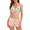 imageZando Womens Two Piece Halter Swimsuit Athletic Push Up Bikini Set Swimwear with Boyshorts Sporty V Neck Bathing SuitPink Flower