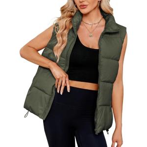 imageZando Puffer Vest Women Outerwear Vests Sleeveless Stand Collar Oversized Zip Up Padded Puffy Winter Gilet Jacket CoatArmy Green
