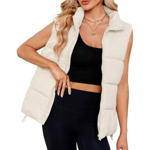 imageZando Puffer Vest Women Outerwear Vests Sleeveless Stand Collar Oversized Zip Up Padded Puffy Winter Gilet Jacket CoatBeige