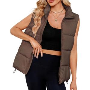 imageZando Puffer Vest Women Outerwear Vests Sleeveless Stand Collar Oversized Zip Up Padded Puffy Winter Gilet Jacket CoatBrown