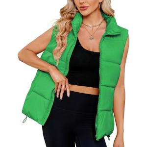 imageZando Puffer Vest Women Outerwear Vests Sleeveless Stand Collar Oversized Zip Up Padded Puffy Winter Gilet Jacket CoatGreen