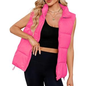 imageZando Puffer Vest Women Outerwear Vests Sleeveless Stand Collar Oversized Zip Up Padded Puffy Winter Gilet Jacket CoatHot Pink