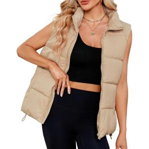 imageZando Puffer Vest Women Outerwear Vests Sleeveless Stand Collar Oversized Zip Up Padded Puffy Winter Gilet Jacket CoatKhaki