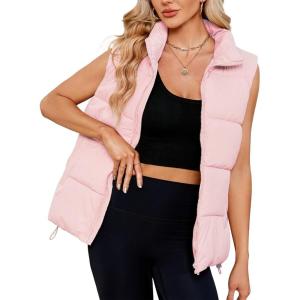 imageZando Puffer Vest Women Outerwear Vests Sleeveless Stand Collar Oversized Zip Up Padded Puffy Winter Gilet Jacket CoatPink