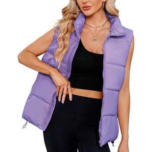 imageZando Puffer Vest Women Outerwear Vests Sleeveless Stand Collar Oversized Zip Up Padded Puffy Winter Gilet Jacket CoatPurple