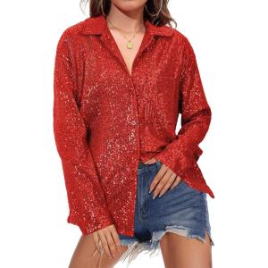imageZando Sequin Tops for Women Button Down Shirt Sparkly Tops for Women Sparkle Tops for Women Sequin Top Casual Party Club01 Red