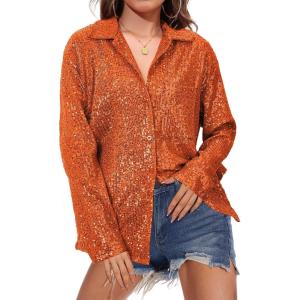 imageZando Sequin Tops for Women Button Down Shirt Sparkly Tops for Women Sparkle Tops for Women Sequin Top Casual Party Club02 Orange