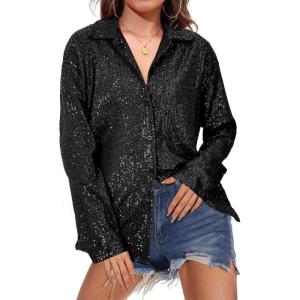 imageZando Sequin Tops for Women Button Down Shirt Sparkly Tops for Women Sparkle Tops for Women Sequin Top Casual Party ClubBlack