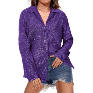 imageZando Sequin Tops for Women Button Down Shirt Sparkly Tops for Women Sparkle Tops for Women Sequin Top Casual Party ClubDark Purple