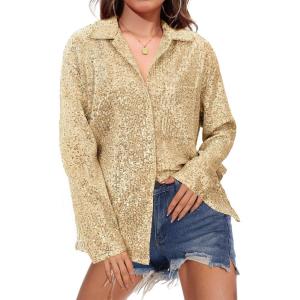 imageZando Sequin Tops for Women Button Down Shirt Sparkly Tops for Women Sparkle Tops for Women Sequin Top Casual Party ClubGold