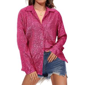 imageZando Sequin Tops for Women Button Down Shirt Sparkly Tops for Women Sparkle Tops for Women Sequin Top Casual Party ClubHot Pink
