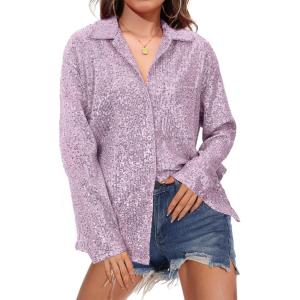 imageZando Sequin Tops for Women Button Down Shirt Sparkly Tops for Women Sparkle Tops for Women Sequin Top Casual Party ClubLight Purple