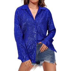 imageZando Sequin Tops for Women Button Down Shirt Sparkly Tops for Women Sparkle Tops for Women Sequin Top Casual Party ClubRoyal Blue