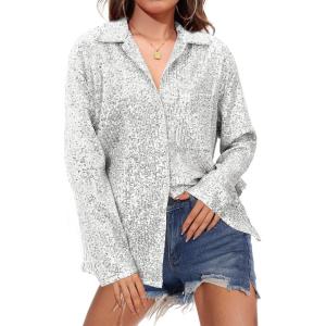 imageZando Sequin Tops for Women Button Down Shirt Sparkly Tops for Women Sparkle Tops for Women Sequin Top Casual Party ClubWhite