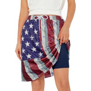 imageZando Tennis Skirts for Women with Pockets Athletic Knee Length Golf Casual Skorts Shorts Sports Drawstring Waist SkirtAmerican Flag