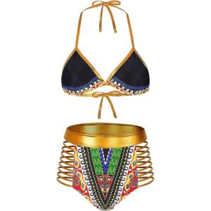 imageZando Women Tribal Print Bikini African Metallic Swimsuit Two Piece Beachwear Cutout Halter Neck Bathing Suit SwimwearBlack
