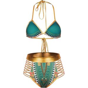 imageZando Women Tribal Print Bikini African Metallic Swimsuit Two Piece Beachwear Cutout Halter Neck Bathing Suit SwimwearGreen