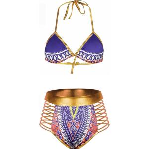 imageZando Women Tribal Print Bikini African Metallic Swimsuit Two Piece Beachwear Cutout Halter Neck Bathing Suit SwimwearPurple