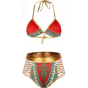 imageZando Women Tribal Print Bikini African Metallic Swimsuit Two Piece Beachwear Cutout Halter Neck Bathing Suit SwimwearRed