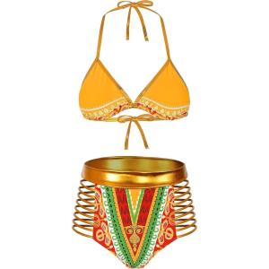 imageZando Women Tribal Print Bikini African Metallic Swimsuit Two Piece Beachwear Cutout Halter Neck Bathing Suit SwimwearYellow